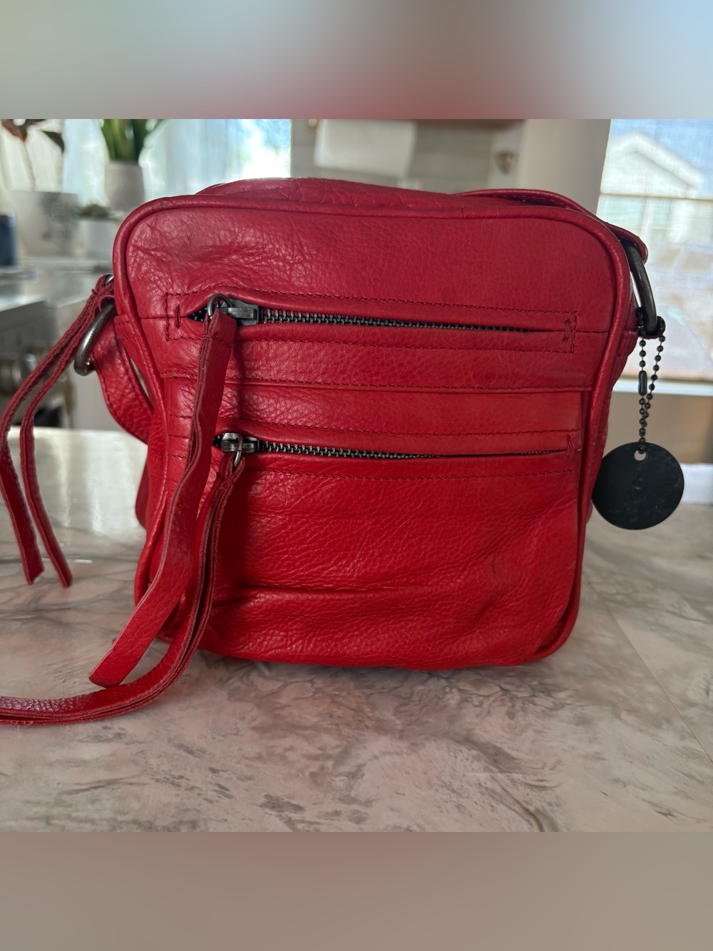 Day & Mood Red Leather Crossbody Bag Zip Multi Pocket Adjustable Strap